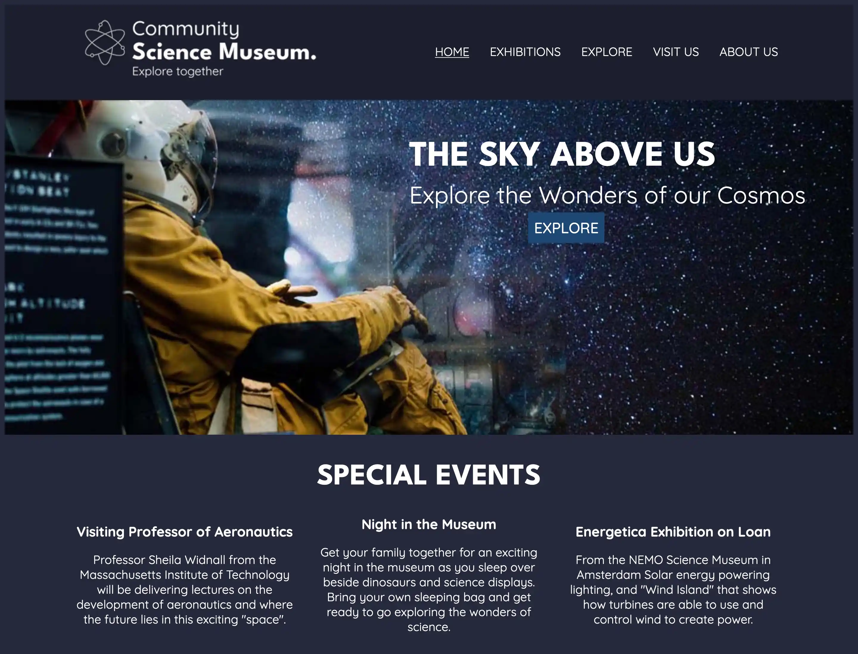 Screenshot of Community Science Museum home page